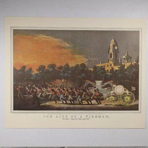The Life of a Fireman The Race Currier & Ives Lithograph Reprint 11 3/4" x 13"